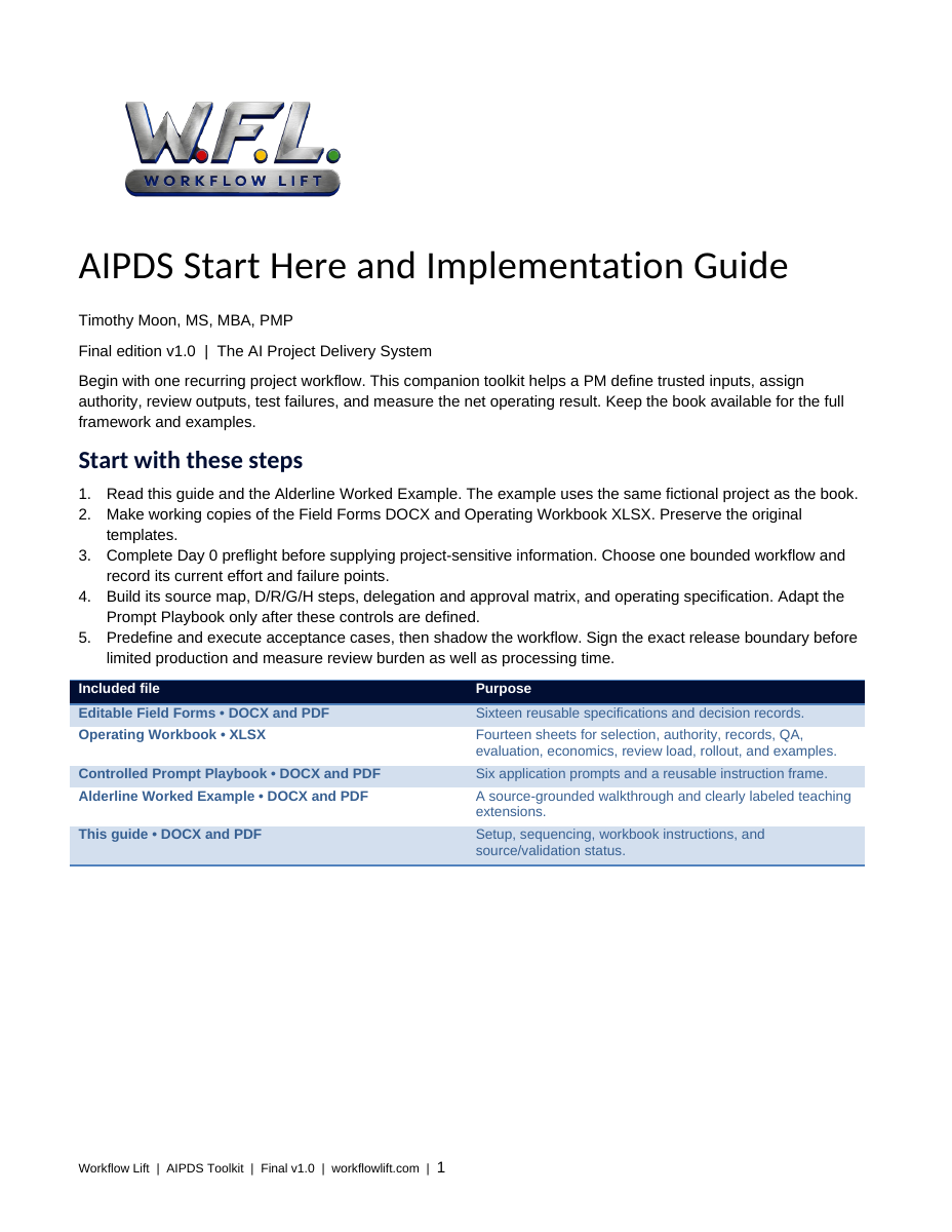 AIPDS Companion Toolkit: first page of the included Start Here and Implementation Guide