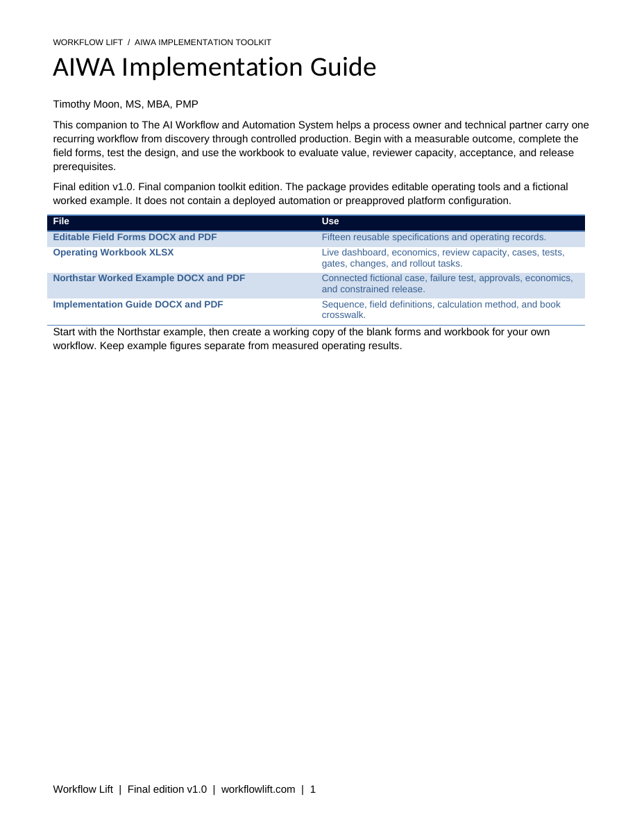 AIWA Implementation Toolkit: first page of the included implementation guide