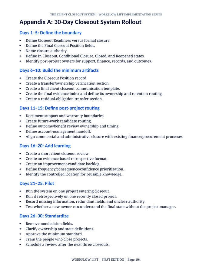 Client Closeout book preview: Appendix A: 30-Day Closeout System Rollout