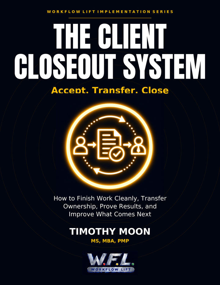 The Client Closeout System book cover; book component of the Book + Toolkit Bundle