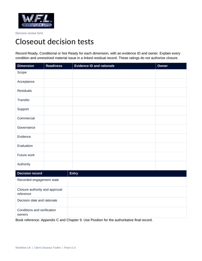 Client Closeout toolkit preview: eleven-dimension closeout decision review form