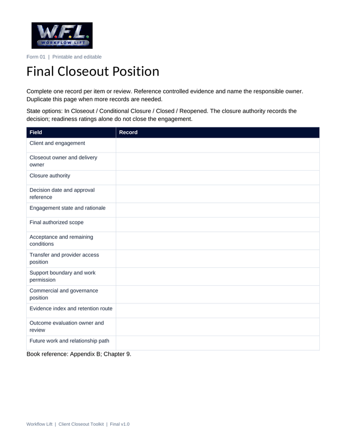 Client Closeout toolkit preview: editable and printable Final Closeout Position form