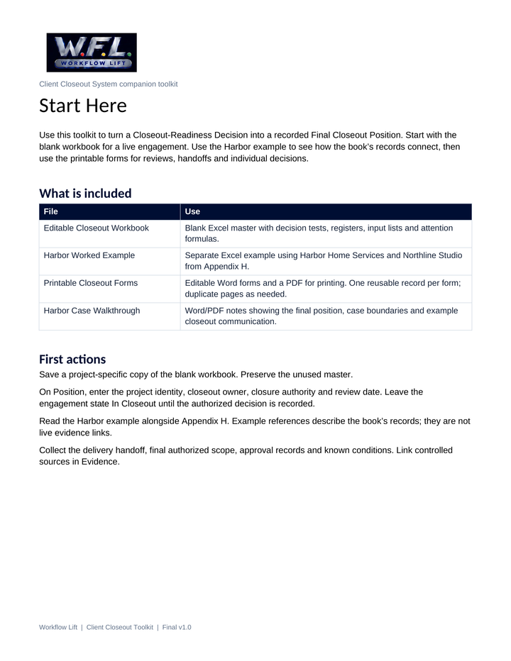 Client Closeout toolkit preview: Start Here guide and included files