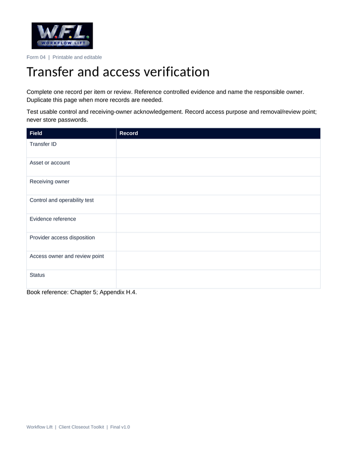Client Closeout toolkit preview: transfer and access verification form